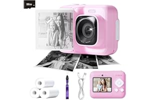 ETIKEZ Kids Camera, 1080P Instant Digital Print Camera for Kids, Christmas Birthday Gifts for 4 5 6 7 8 9 10 Year Old Girls Boys, Portable Toy with 32GB SD Card & 3 Rolls Printing Paper, Rose