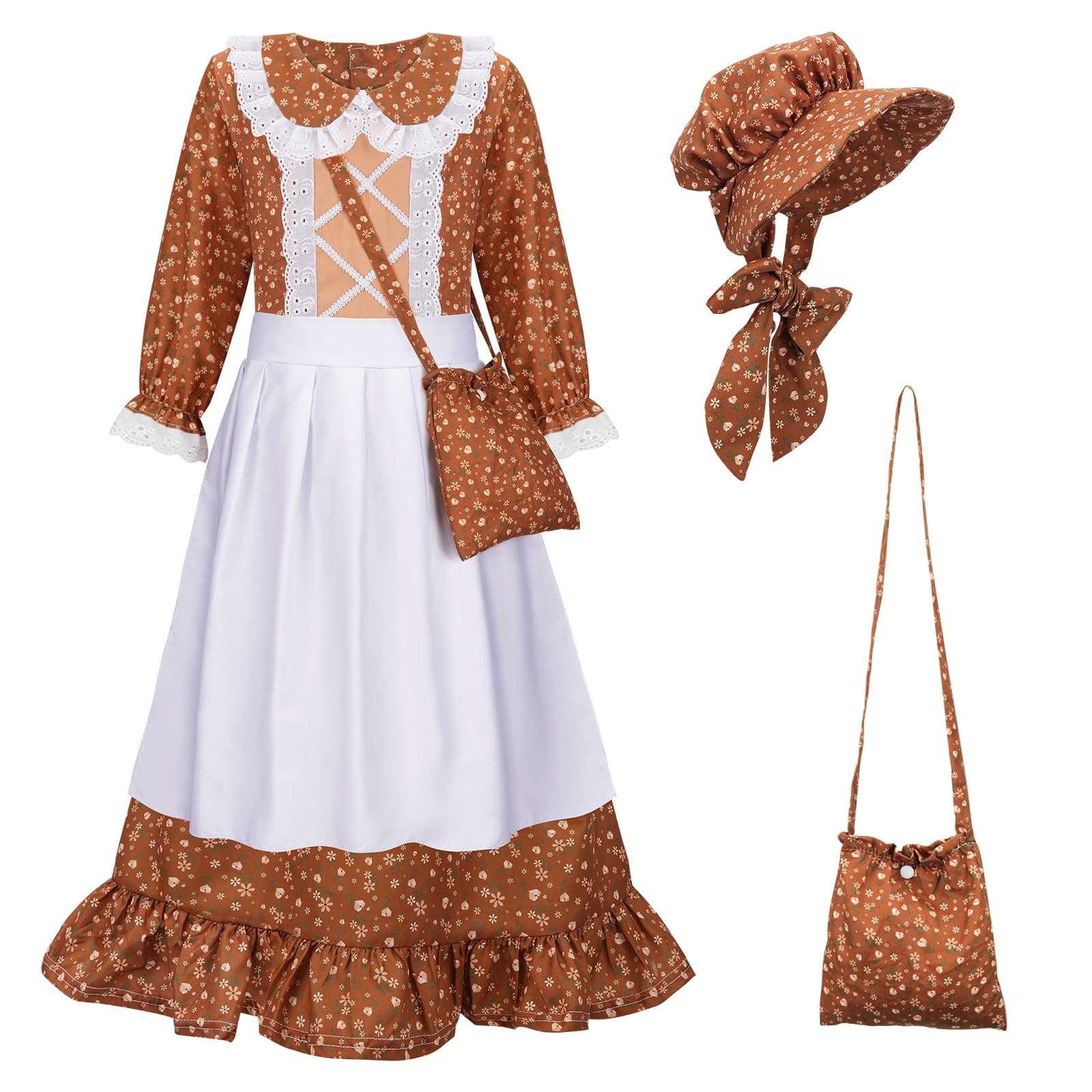 MELAND Victorian Costume Girl, World Book Day Fancy Dress with Apron and Bonnet for Girls Aged 5-13 — image 1