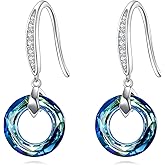 AOBOCO Circle Crystal Dangle Earrings Sterling Silver with Blue Austria Crystal Leverback Dangle Earrings for Women Mom Wife Jewelry Christmas Birthday Gifts
