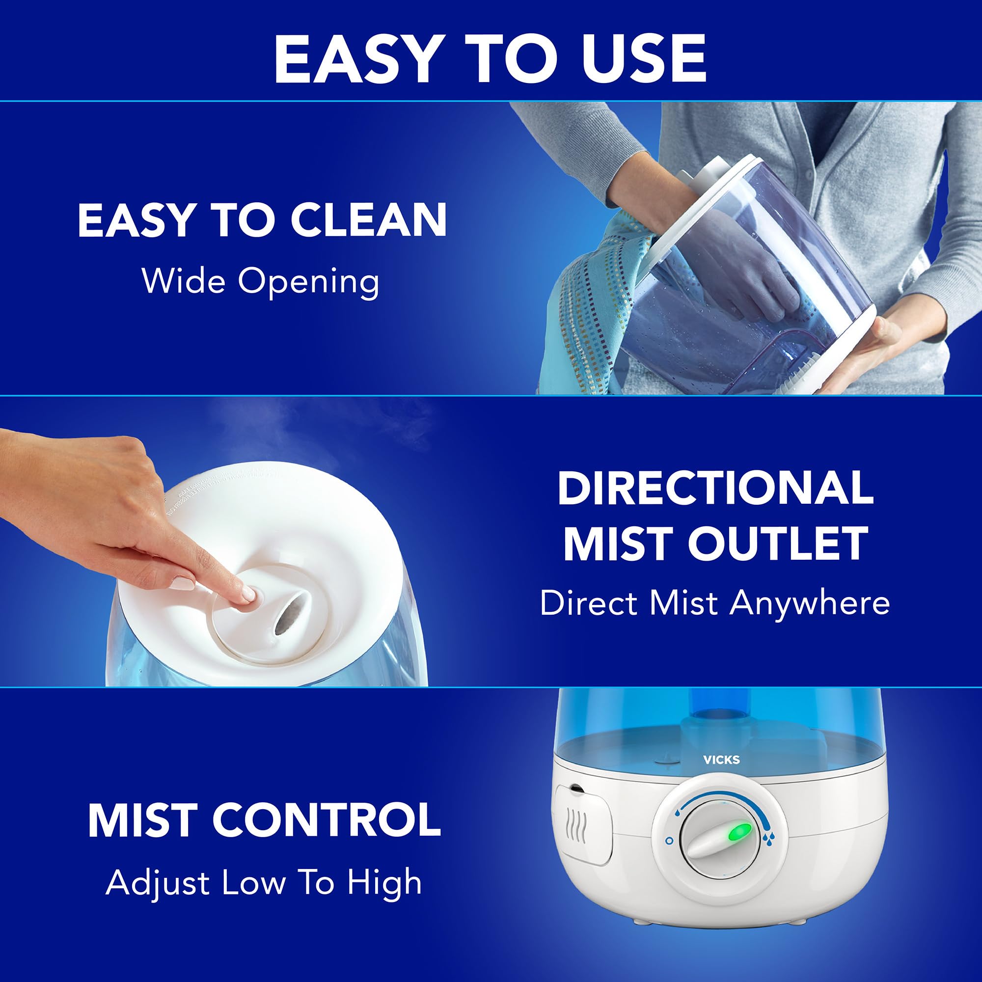 Vicks Filter-Free Ultrasonic Humidifier, Recommended by Pediatricians*, 1.2 Gal Ultrasonic Cool Mist Humidifiers for Bedrooms & Kids Rooms, Works with Vicks VapoPads