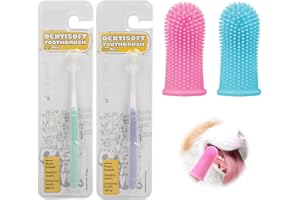 4PCS Pet Toothbrush Set, 2 Soft-Bristled Dog Toothbrush and 2 Silicone Finger Cots for Teeth Brushing, Gentle Cat Toothbrush,
