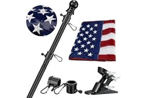 BARCETINE Flag Pole for House with American Flag-Black Flagpoles Residential Kit with 6FT Tangle Free Metal Flag Poles,3x5 Embroidered US Flag and Holder Bracket,Stainless Steel for Outside Porch,Outdoor,Boat