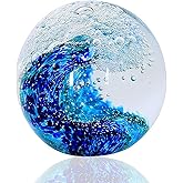 EUSTUMA Hand Blown Glass Figurines Ball Ocean Waves,Paperweight Glass Ball,Home Decor Collectible,Aquarium Decor,Office Decor Ocean Lovers (Ocean Waves)