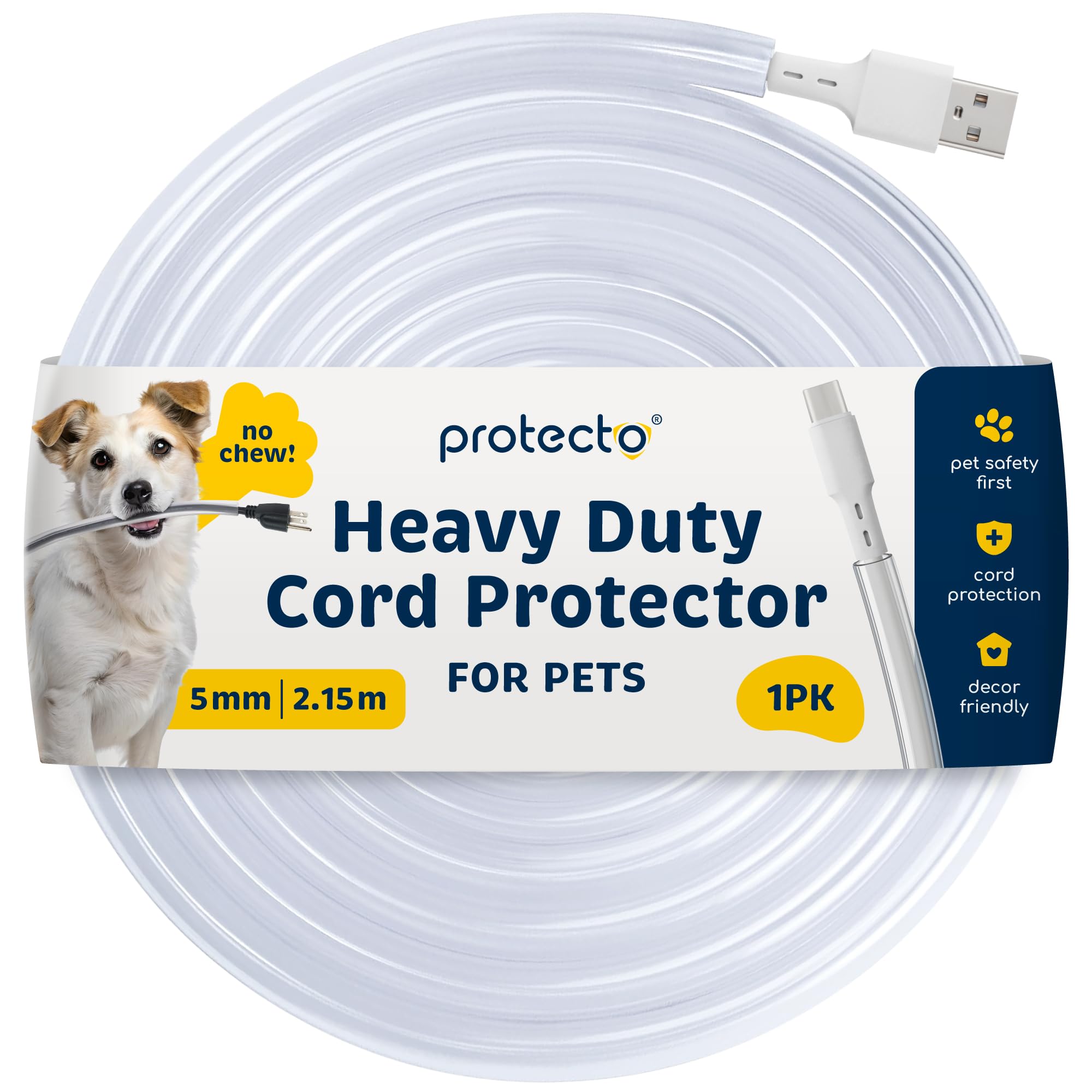 PROTECTO Wire Protector from Pets, Clear Cable Sleeve Animal Proof - 2.15m Odor-Free Cat & Dog Chew Resistant Floor Cable Cover, Plastic Cord Organiser for Power, Lightning, RCA & HDMI Cables
