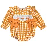 Mieeyali Newborn Baby Girl Halloween Clothes Cute Pumpkin Print Romper Bow Gingham Bodysuit Ruffle Outfit