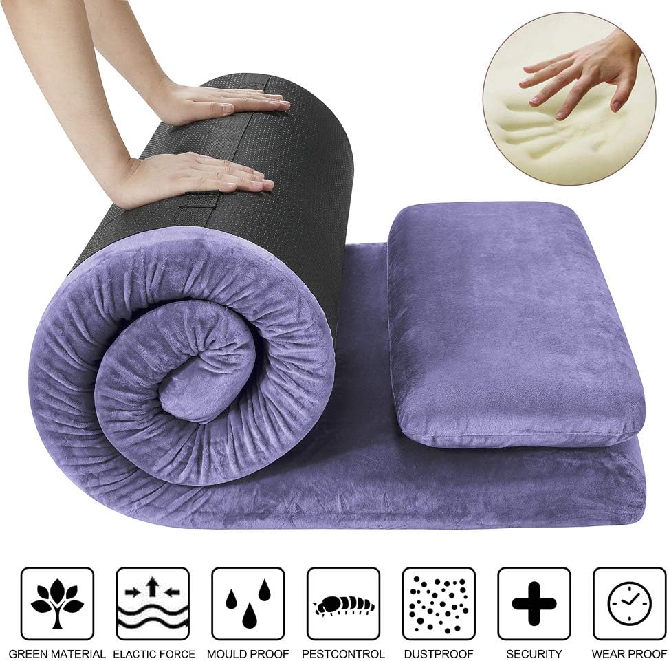 AONESY Sleep Memory Foam Floor Mattress with Pillow,Single Double Size,Portable Sleeping Pad-Roll-Up/Removable/Waterproof Cotton Terry Cover Travel Bag for Camping,Guest Bed,Outdoor Tent
