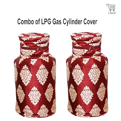 eretailer 3 Layered Quilted Polyester Cotton LPG Cylinder Cover with Damask Design (Maroon, 26 Inch) - Set of 2 Pieces