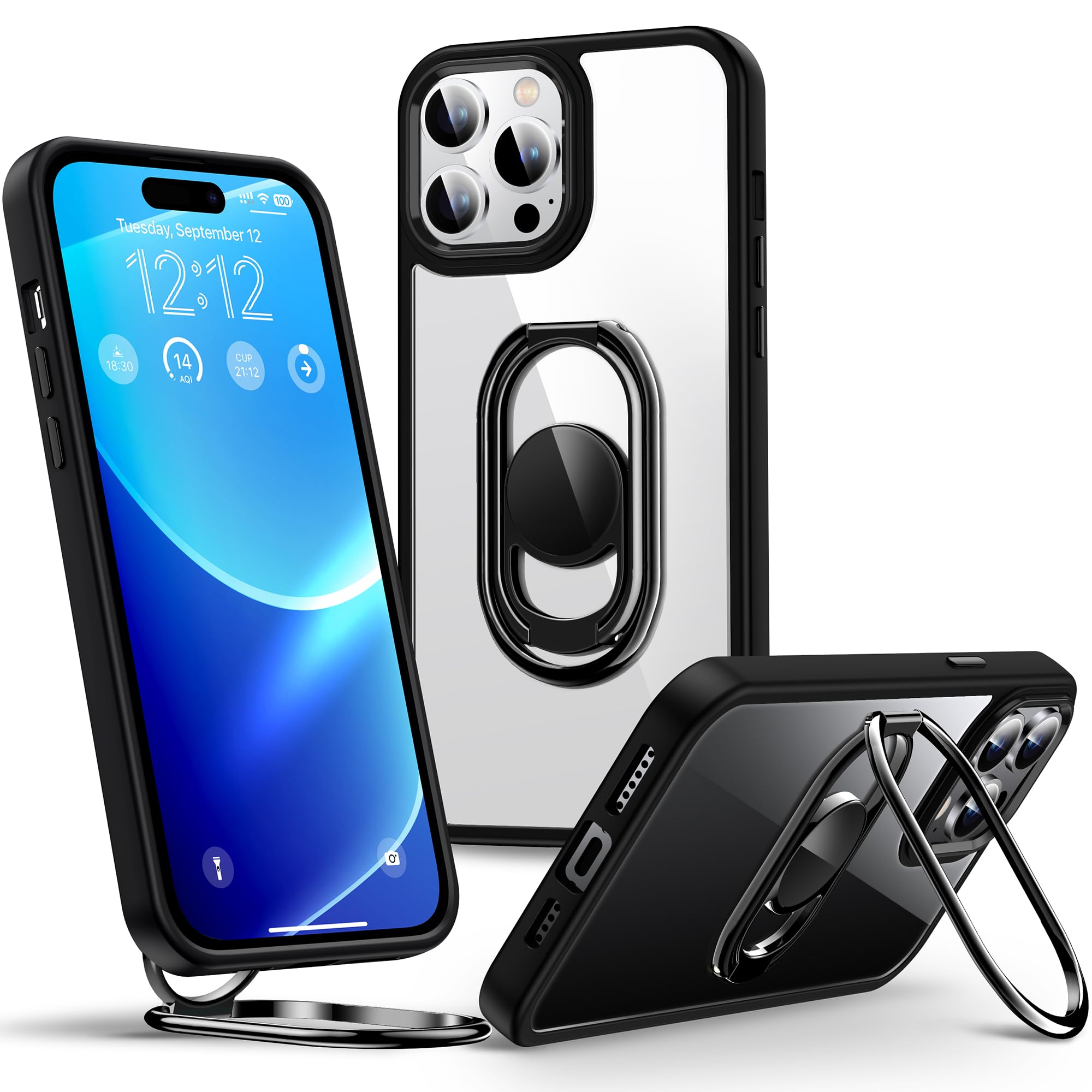 Shields Up for iPhone 14 Pro Max Case with Stand, Phone Case Clear with Double Ring Holder [Adjustable & Foldable] Shockproof Protective Cover for iPhone 14 Pro Max 6.7 inch - Clear Black