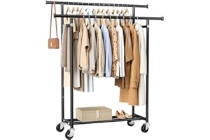 HYSEYY Clothes Rack, Double Rods Rolling Clothing Rack for Hanging Clothes, Portable Garment Rack with Wheels, Coat Rack Wardrobe Closet Load 240 LBS for Bedroom Laundry Room, Black