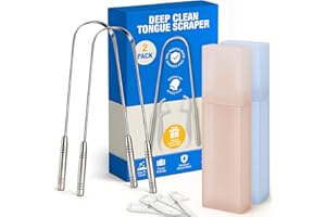 COSMOPLUS Stainless Tongue Scraper Set for Adults： Easy To Use For Oral Care and Hygiene – Pack Of 2 Stainless Steel Tongue Cleaners, 2 Travel Cases, 4 Floss Picks – Cleaning for Tongue Care & Fresh Breath