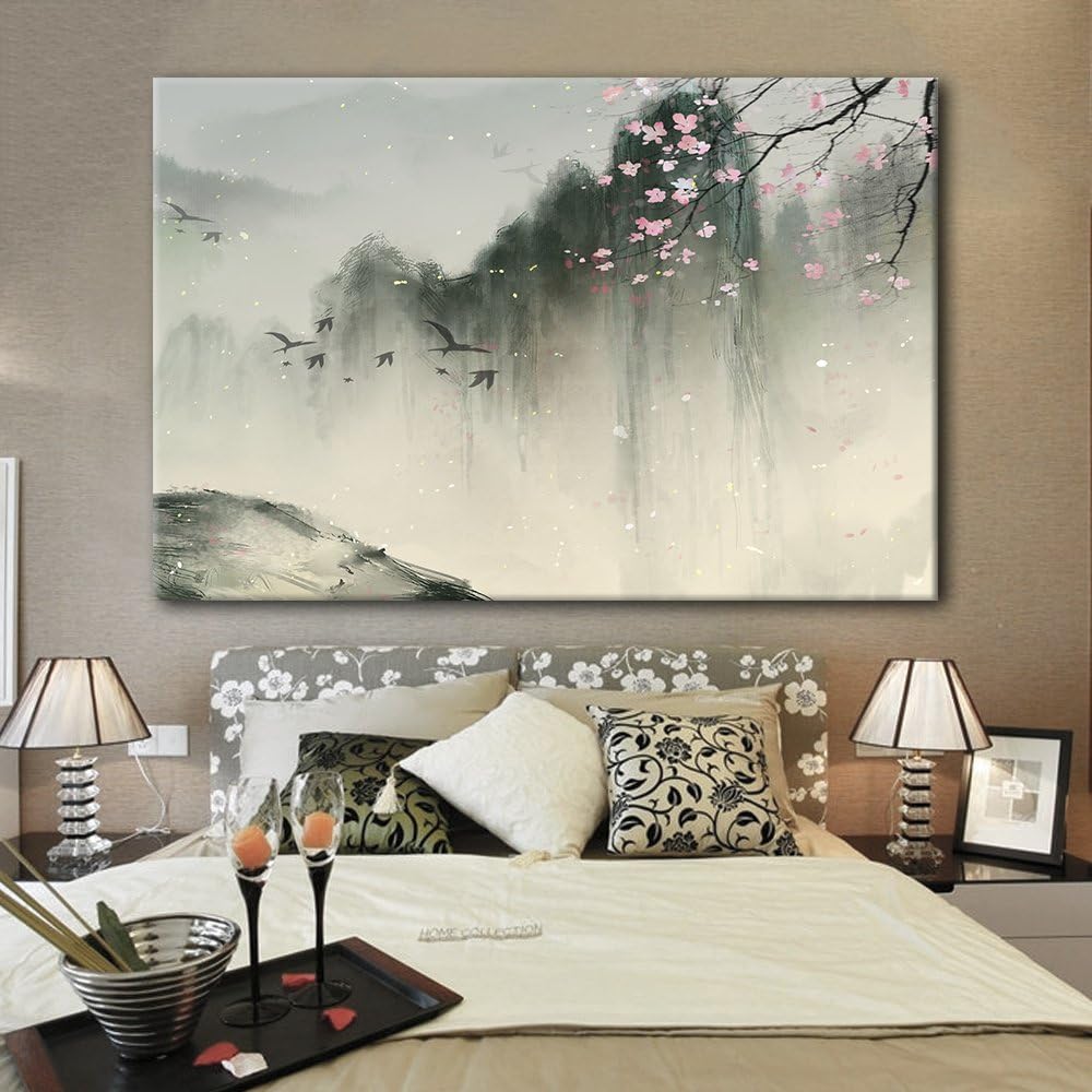 wall26 Canvas Print Wall Art Spring Mountains with Birds and Cherry Blossom Nature Wilderness Illustrations Modern Rustic Scenic Multicolor Colorful for Living Room, Bedroom, Office - 16"x24"