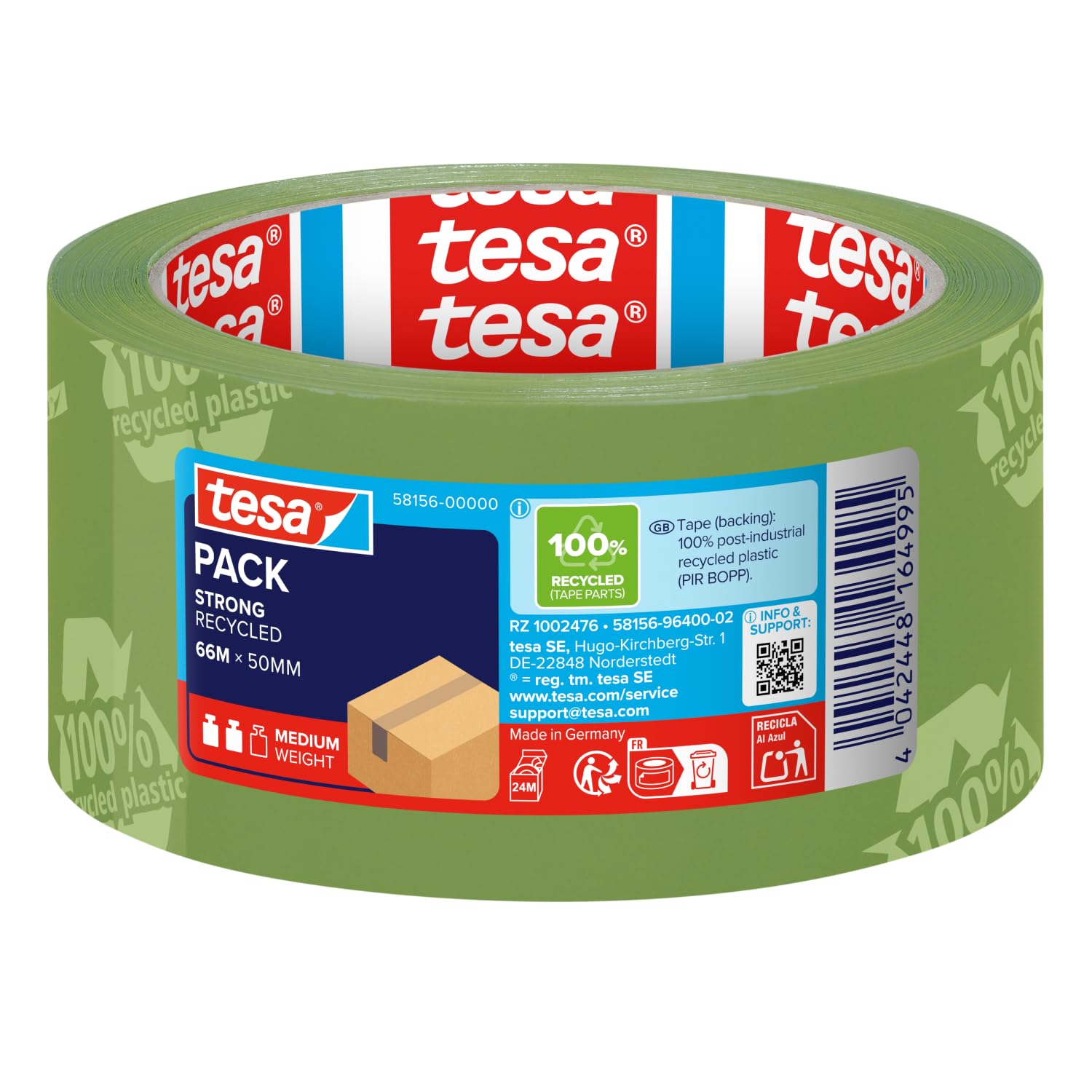 tesapack Eco & Strong - Environmentally Friendly Packing Tape Made of 100% Recycled Plastic, UV-Resistant and Age-Resistant - Green Printed - 66 m x 50 mm