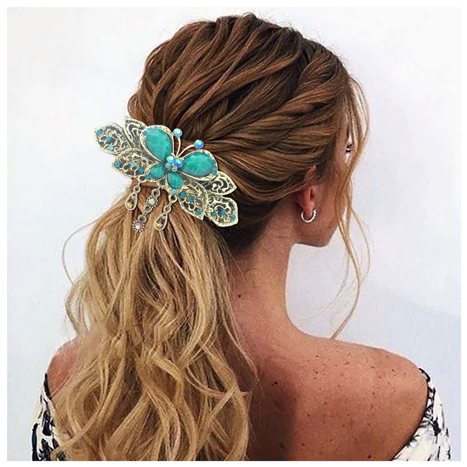 Flower Butterfly Hair Barrettes Vintage French Rhinestone Hair Clasps Claws Floral Hair Clips Accessories for Women Girls Teens (Blue A)