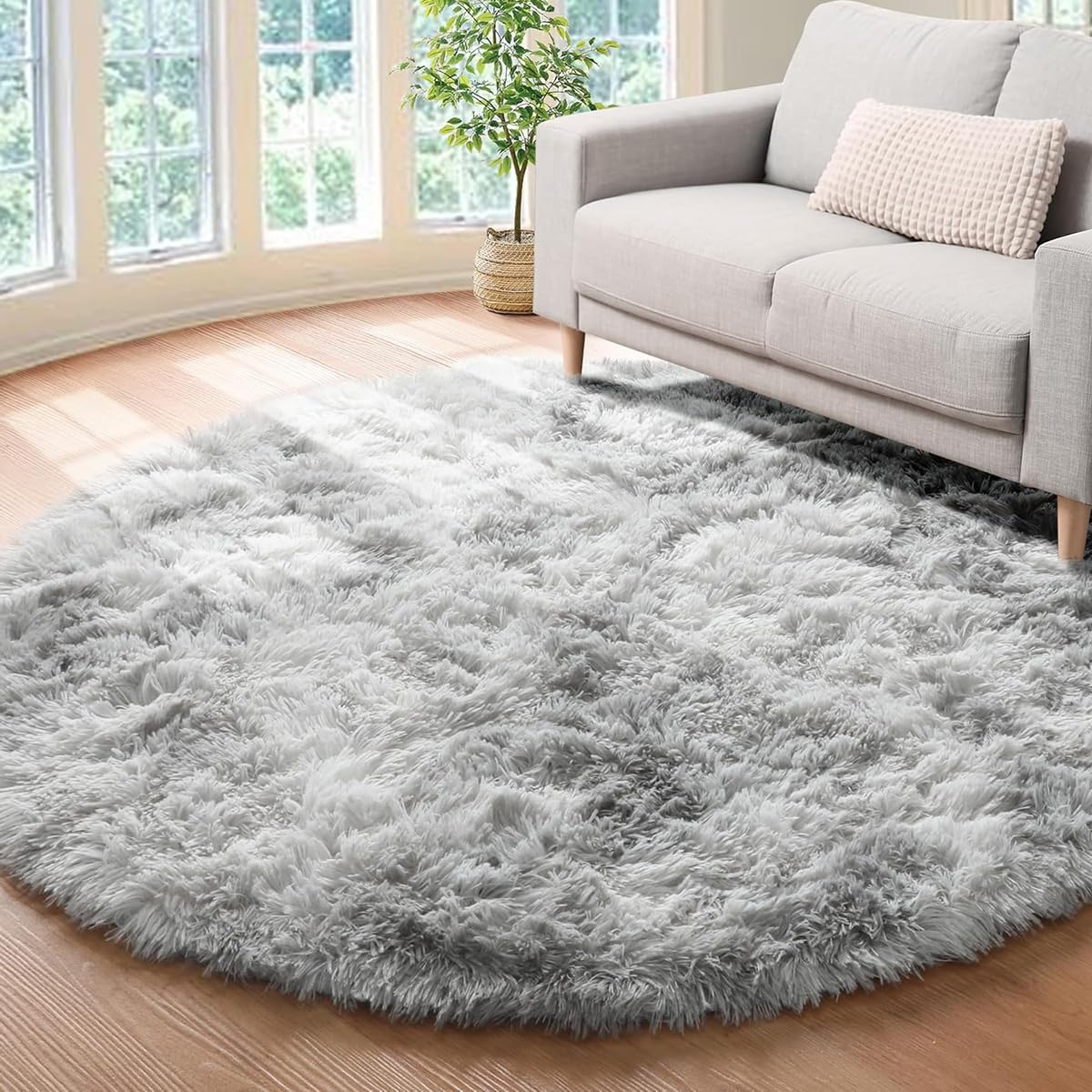 Tenekee Round Rugs for Bedrooms Fluffy Living Room Circle Area Rug Soft Shaggy Carpet for Kids Room Floor Mat (Grey white, 160cm)