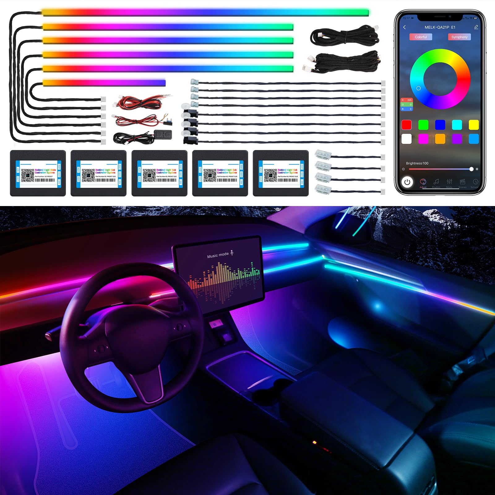 Photo 1 of Dreamcolor Acrylic Interior Car LED Strip Light with Wireless APP, RGB 18 in 1 with 175 inches 600 LEDs Fiber Optic Car Ambient Lighting Kits, Dual Zone Sound Active Function LED Strip for Car