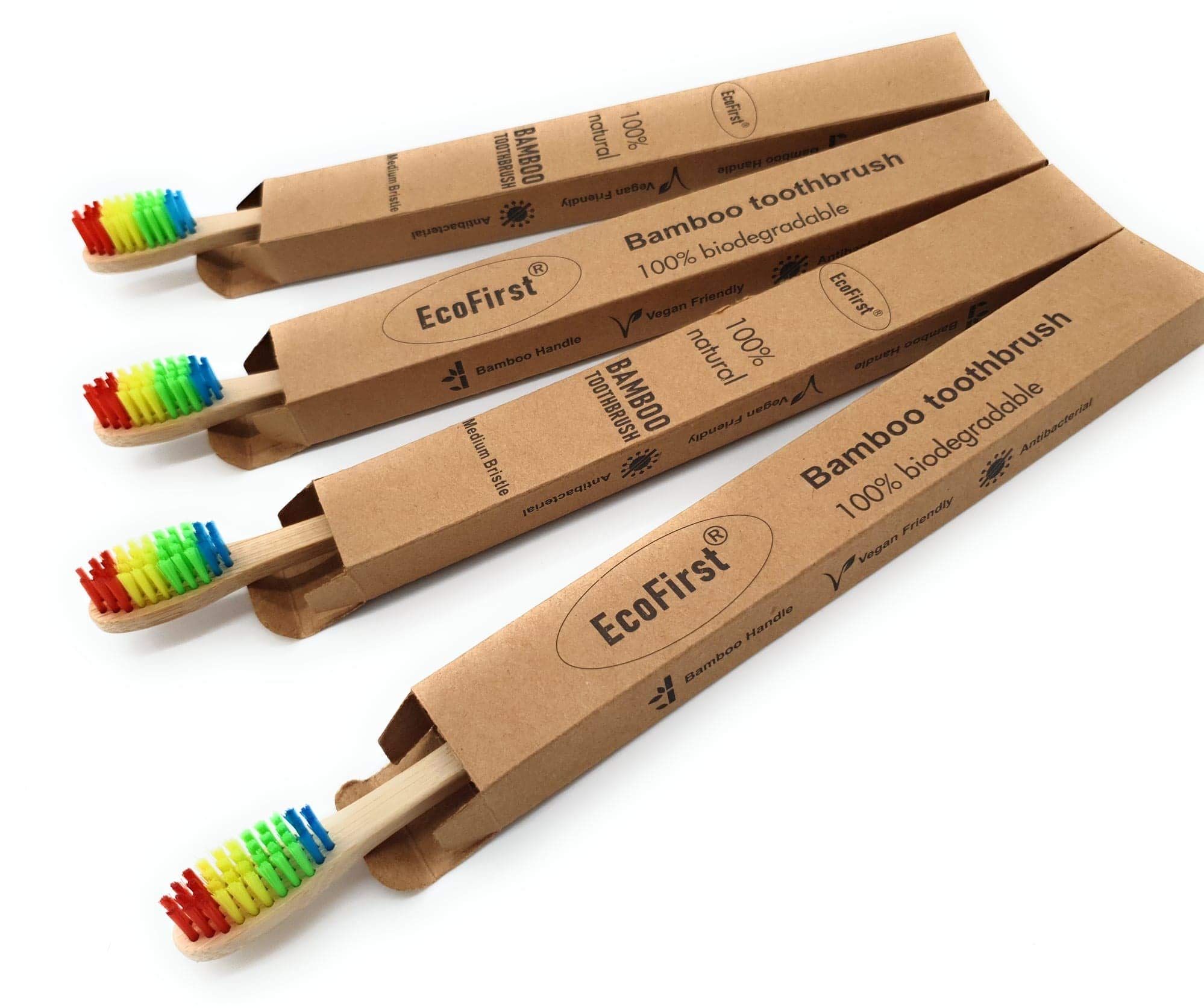 EcoFirst Set of 4 Bamboo Eco-Friendly Wooden Toothbrush Medium Firm bristles Rainbow Colour Biodegradable