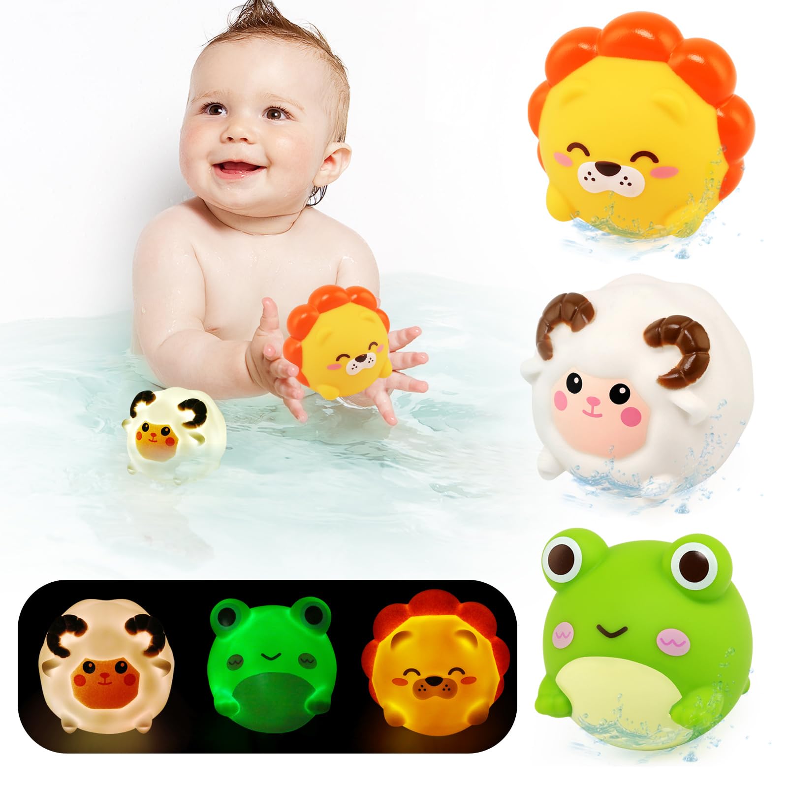 LEADSTAR Baby Bath Toys,Toddler Sensory Light Up Bath Toys with Colorful Lights,3Pcs Cute Animals Swimming Pool Bathtub Toys for Kids Ages 1 -3,Bath time Shower Toys Gifts for Baby Girls Boys