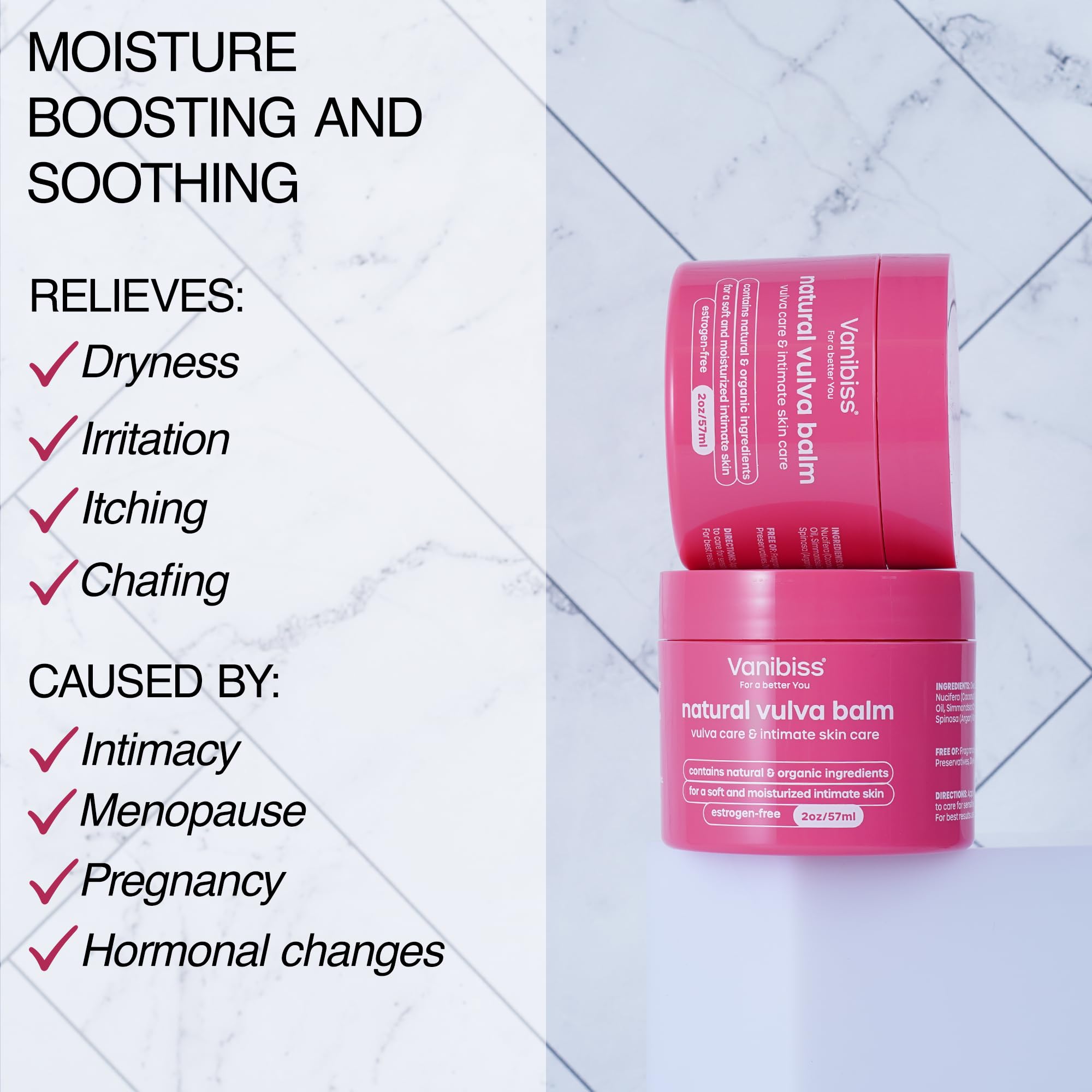 Vanibiss Natural Vulva Balm - Vulva Cream & Vaginal Moisturizer, Hydrating Vulvar Balm - Relieves Dryness, Itching, Irritation - Menopause Relief for Women - Estrogen Free (2oz) (Pack of 1)