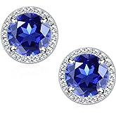 SMILEST Gifts for Her - 925 Sterling Silver Halo Birthstone Earrings, Round Cut Birthstone Stud Earrings Anniversary Birthday Gifts for Women Mom Wife Daughter Girlfriend Grandma