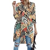Naggoo Womens 3/4 Sleeve Button V Neck High Low Loose Fit Casual Long Tunic Tops Tee Shirts S-3XL