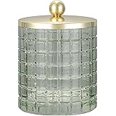 Indecor Home Sage Colored Tranlucent Apothecary Etched Geometric Grid Glass Jar W/Gold Metal Lid Cover for Bathroom Organization, Cotton Balls, Q Tips, and Small Accessories, Bathroom Storage
