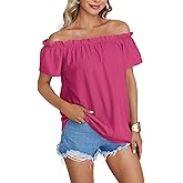 LYANER Women's Off Shoulder Ruffle Short Sleeve Ruched Casual Loose Tops Blouse Shirt