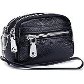 Genuine Leather Mini Wristlet Wallet for Women, 3 Zipped Coin Purse Small Pouch with Wristlet Strap (Black)