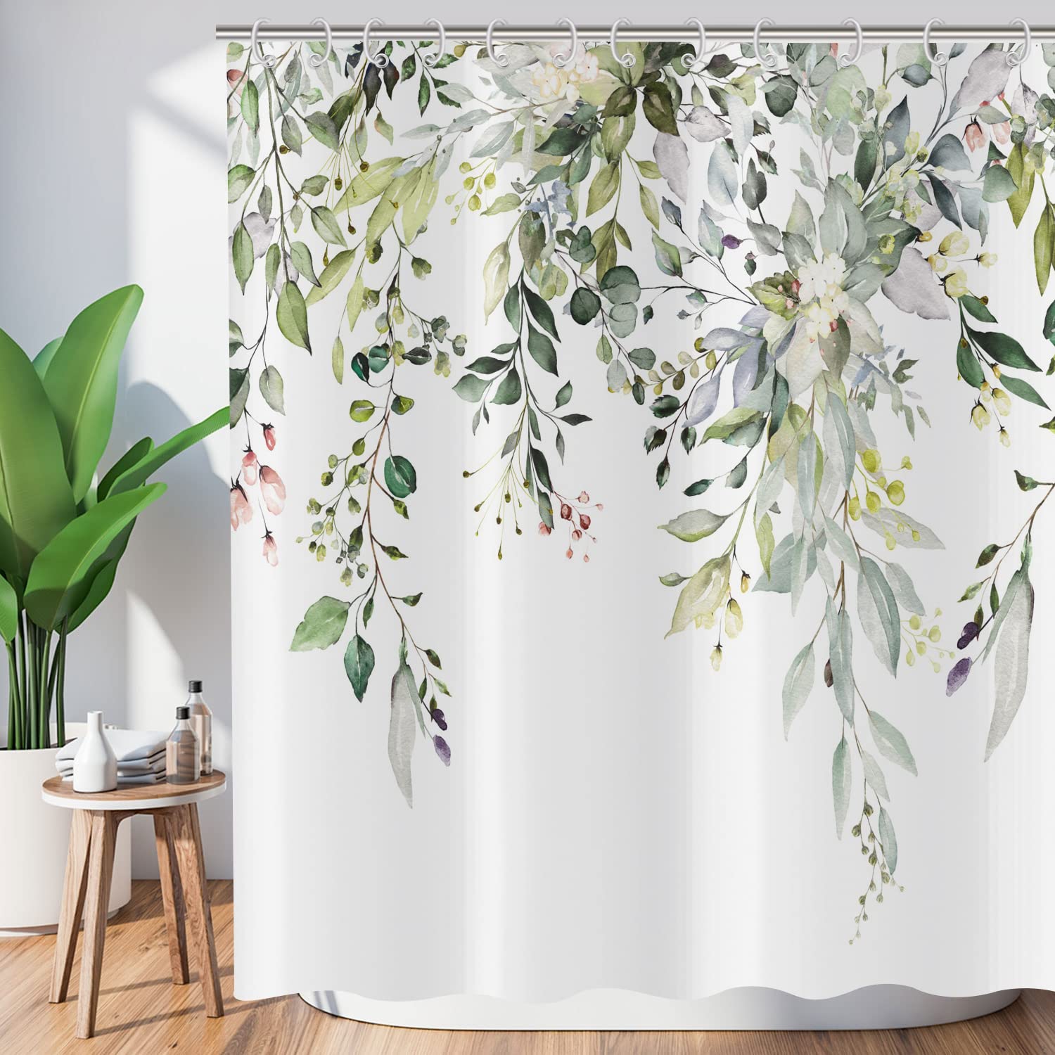 ASDCXZ Leaves Shower Curtain 180x180 cm, Spring Simplicity Green Leaves Rose White Flowers Bath Washable Shower Curtains Polyester Textile Waterproof Bath Curtain for Bathtub with 12 Hooks — image 1