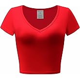 OThread & Co. Women's Short Sleeve V-Neck Crop Top Basic Comfy Stretch Tee