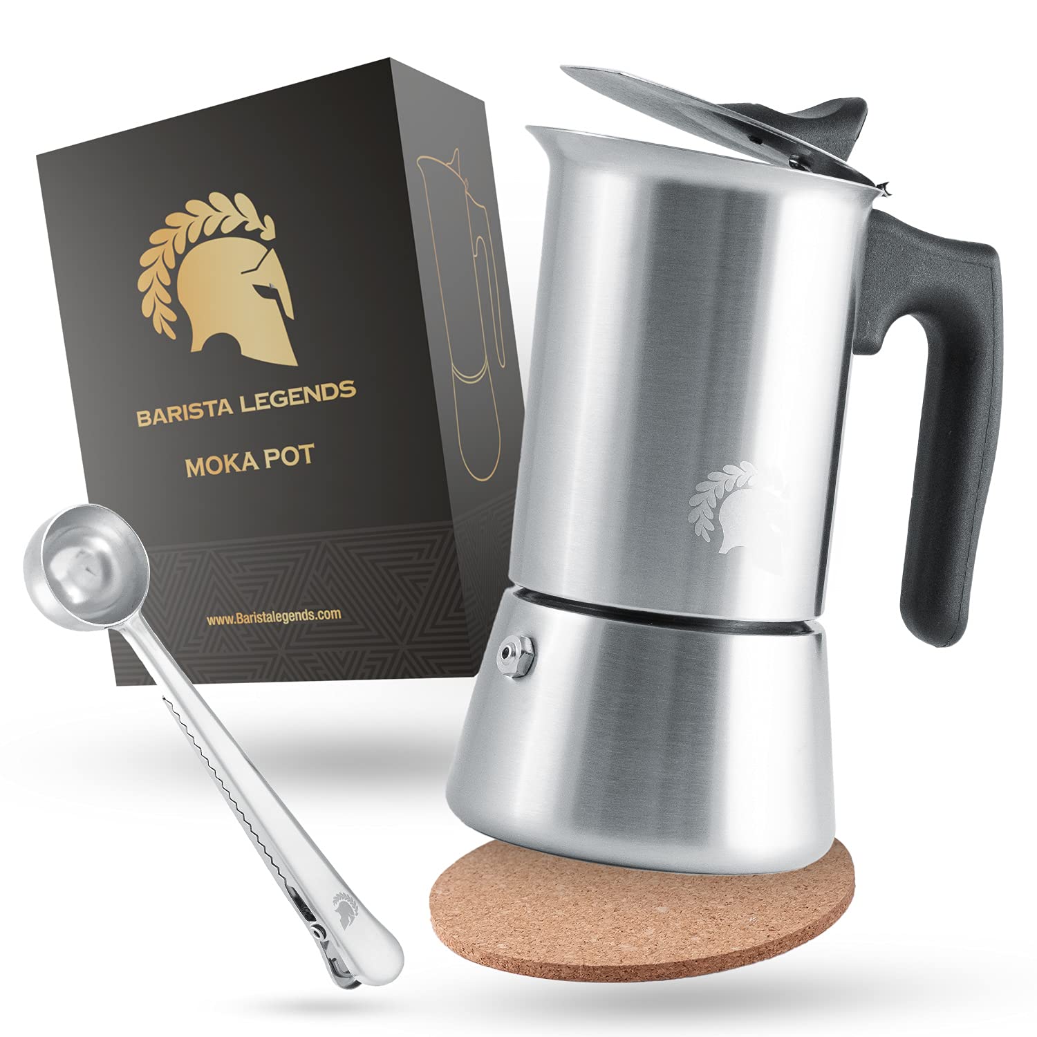 Barista Legends® Espresso Maker Chrome Stainless Steel Moka Pot 200 ml for up to 4 Cups Finest Espresso