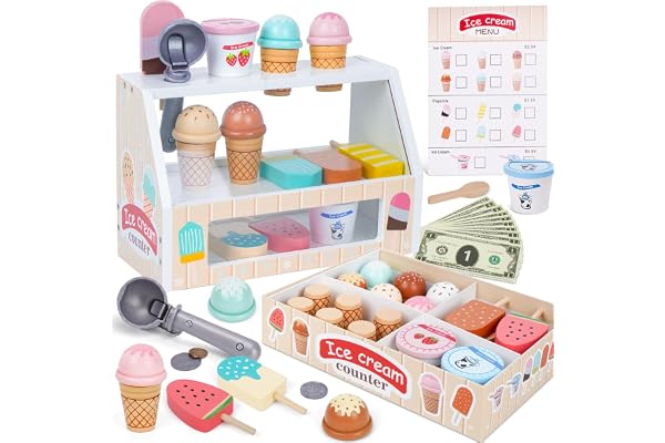 Wooden Ice Cream Counter Playset for Kids, Toddler Girl Toys Kitchen Playset Pretend Play Gifts for 3 4 5 6 Year Old Girl or