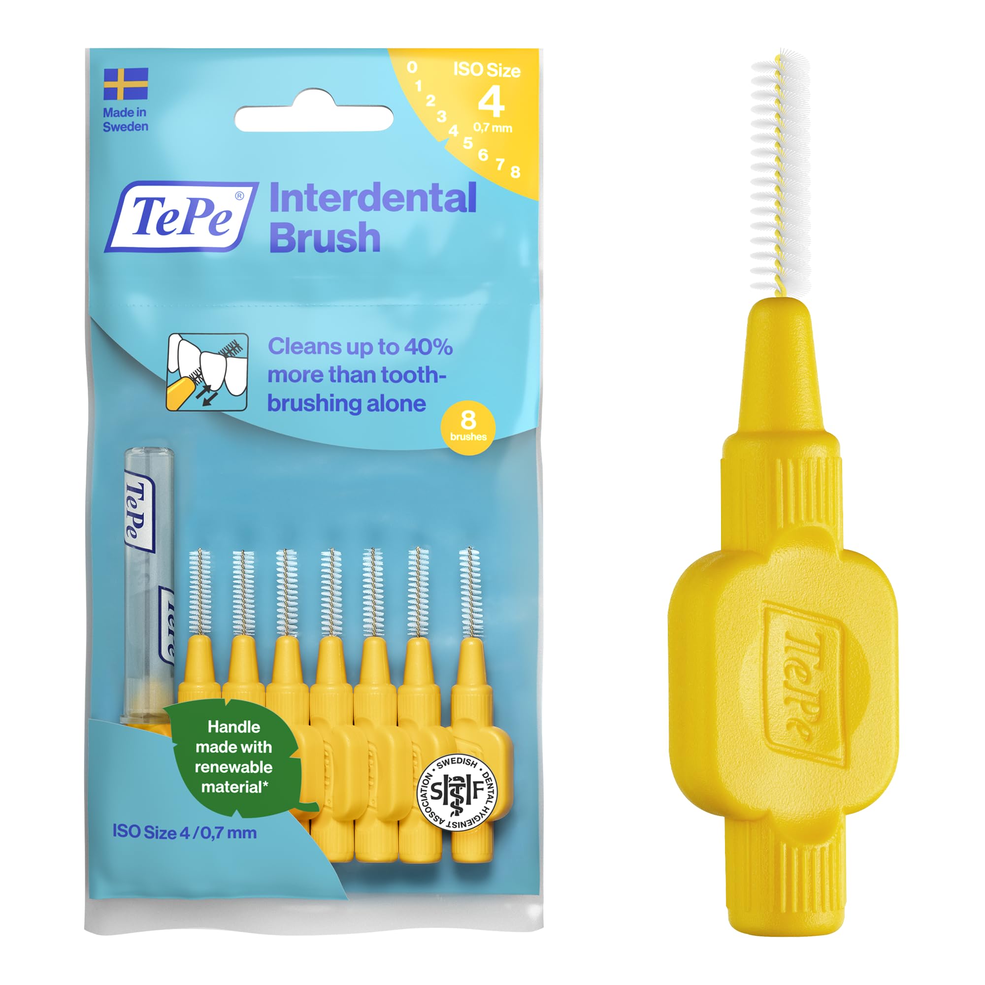 TePe Interdental Brush, Original, Yellow, 0.7mm/ISO 4, 8pcs, efficient Cleaning Between Teeth, Plaque Remover and Dental flosser for Small Gaps โ image 1