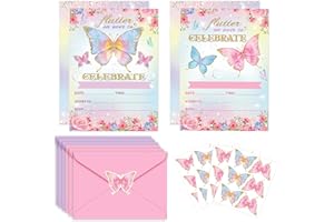 Birthday Invitations with Envelopes, 20 Pack Kids Butterfly Party Invitations with Envelopes Stickers for Girls Party Supplie