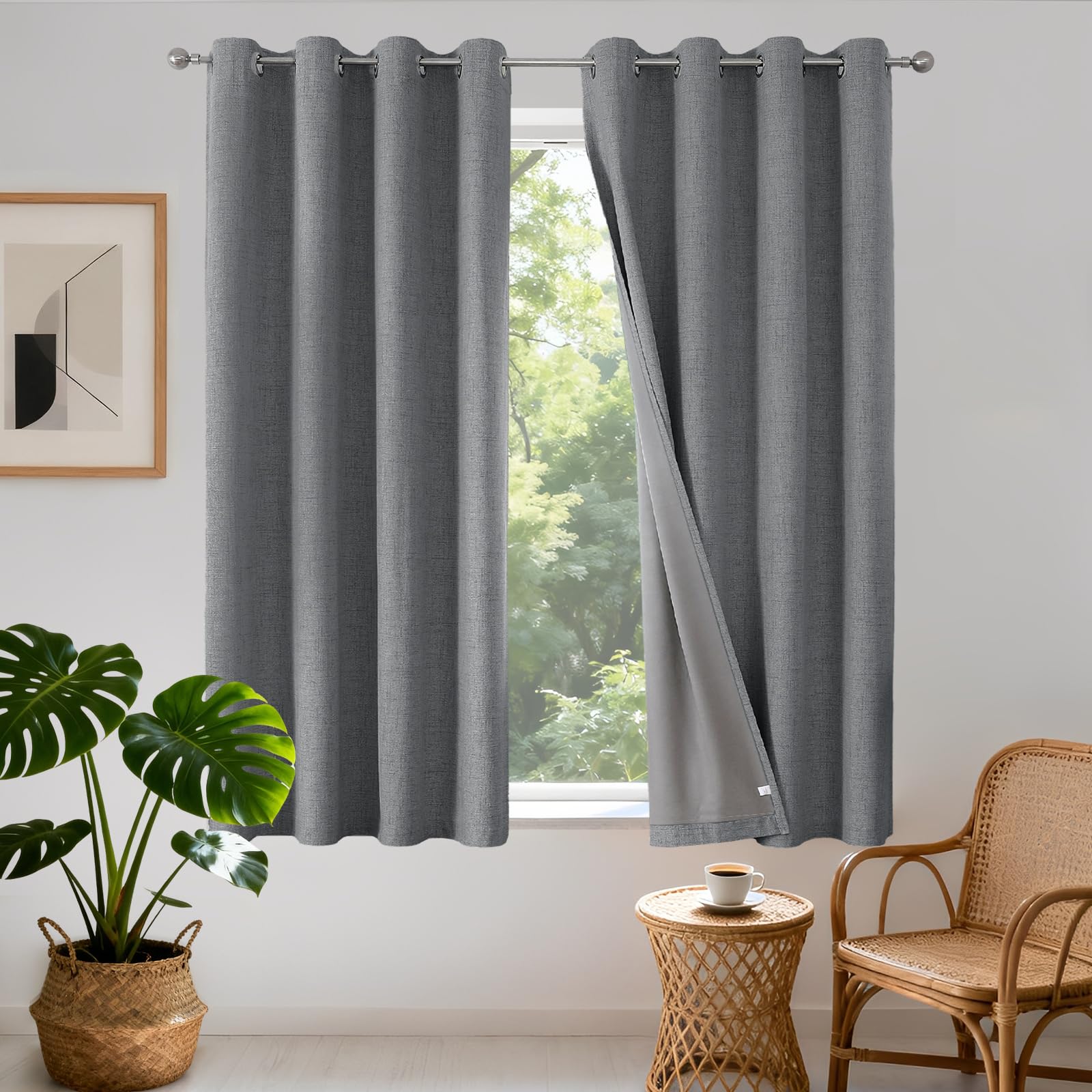 Joydeco 100% Blackout Lined Curtains W52 x L63 Inch Drop, Linen Look Textured Thermal Insulated Eyelet Short Grey Curtains with Coating Back Layer for Living Room Bedroom - 2 Panels