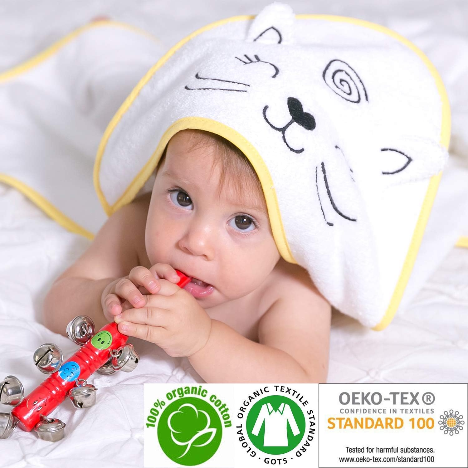 IDEORGANIC Organic Hooded Thick and Extra Soft Towel, Baby Bath Towel, Infant/Newborn/Baby Shower Present for Boy&Girls,%100 GOTS Certified (Yellow Cat)