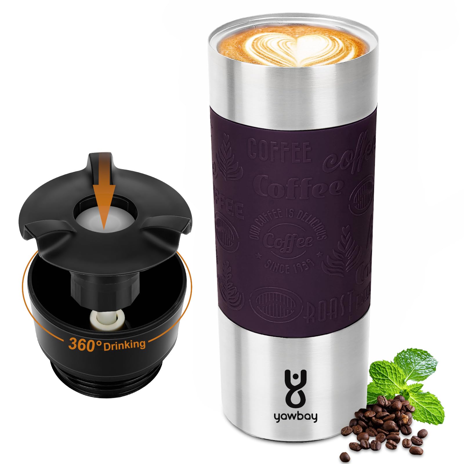 Photo 1 of Yawbay Travel Coffee Mug with 360°Lid, Travel Coffee Tumbler 16 oz Leak Proof, Stainless Steel Insulated Travel Mugs for Hot and Cold Spill Proof Leak Proof (Purple)