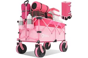 Sekey 220L Collapsible Foldable Wagon with 330lbs Weight Capacity, Heavy Duty Folding Utility Garden Cart with Big All-Terrain Beach Wheels & Drink Holders.Barbie Pink