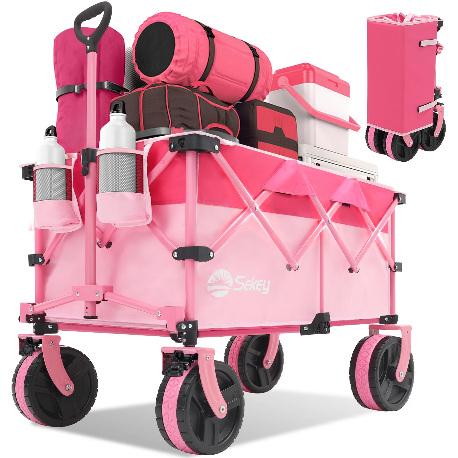 Sekey 220L Wagons Carts Foldable with Big All-Terrian Beach Wheels, Collapsible Heavy DutyWagon with Cup Holders, Extra Large Folding Wagon,Foldable Wagon for Camping, Garden, Sports.Pink Image