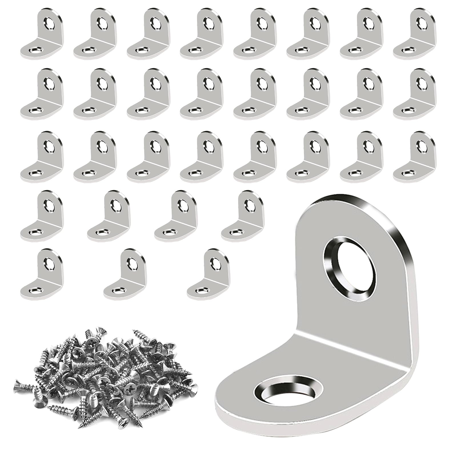 GOTRUST 32pcs Small L Brackets, Right Angle Bracket Stainless Steel, 90 Degree Metal Corner Braces, L Shaped Brace with 64 Screws for Wood Furniture Fixation Repair Fixing