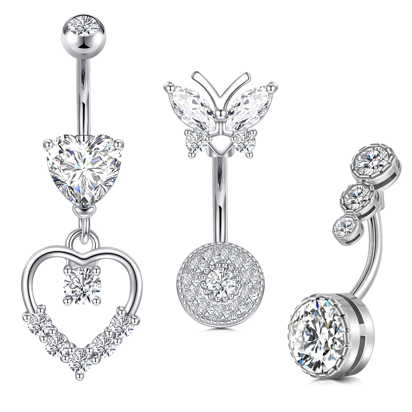 AceFun Belly Bars Silver Dangle Heart Surgical Steel Butterfly Belly Button Ring Crystal Belly Piercing Jewelry 14G 1.6mm 10mm — image 1