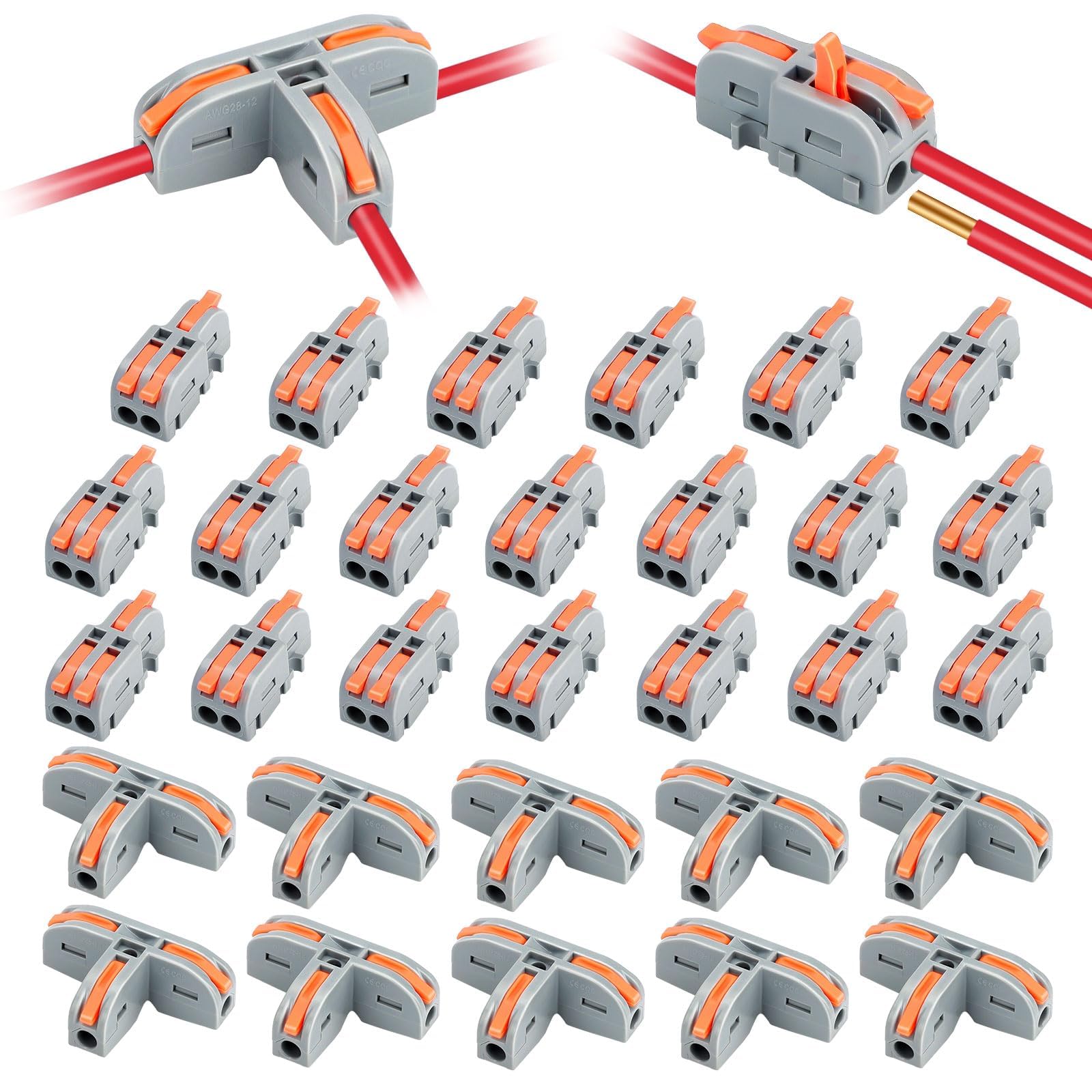 Linkstyle 30PCS Lever Wire Connectors Kit, T-Shape 3 Way Lever Nut Wire Connector and 1in 2 Out Electrical Connectors Blocks