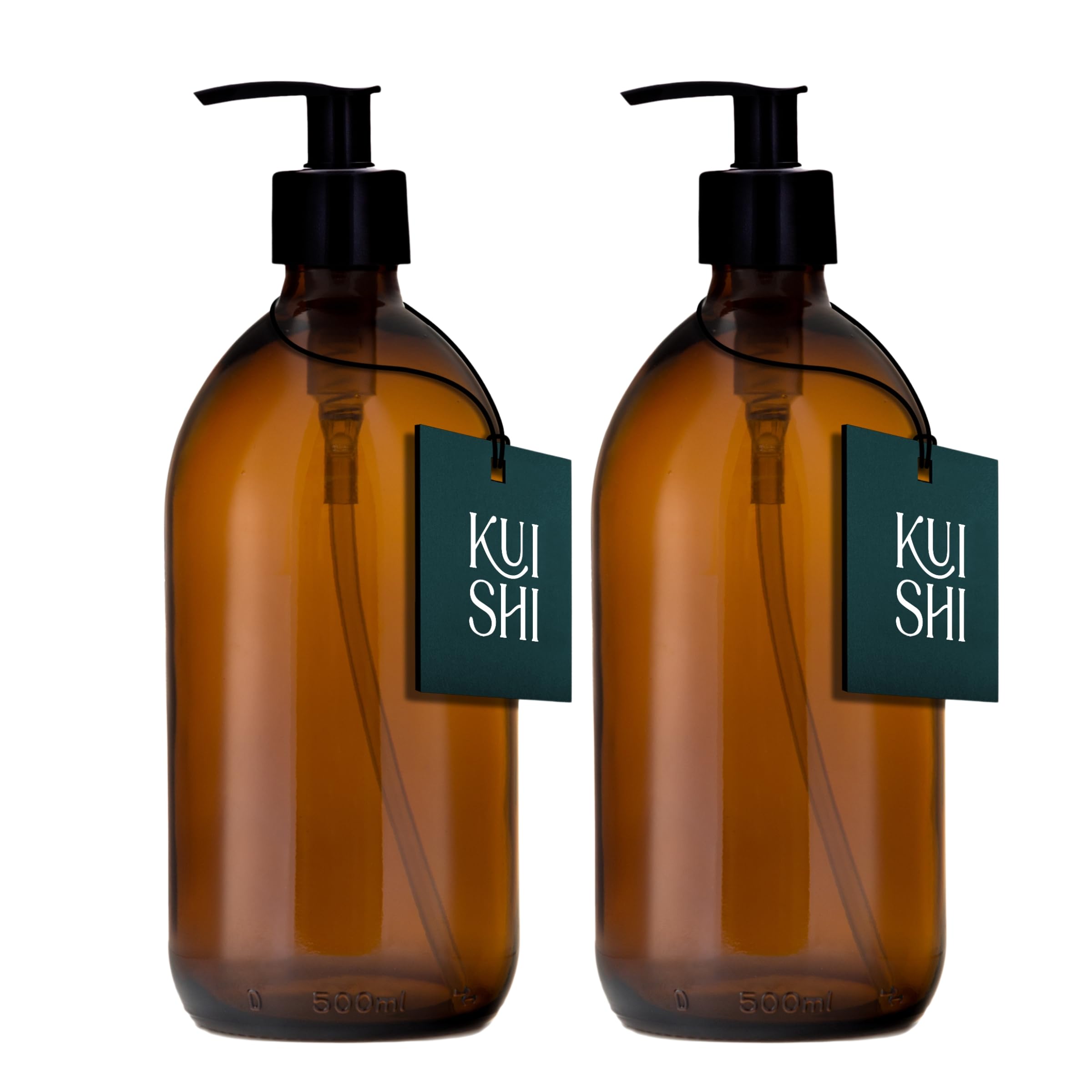 Kuishi 500ml Glass Soap Dispenser with Black Plastic Pump - Pack of 2 Refillable BPA-Free Hand Soap Dispenser for Kitchen & Bathroom, Amber — image 1