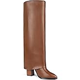 Zzheels Women's Fold Over Knee High Boots Chunky High Heels Pointy Toe Long Boots Wide Calf Zip-on Boots Brown US8.5