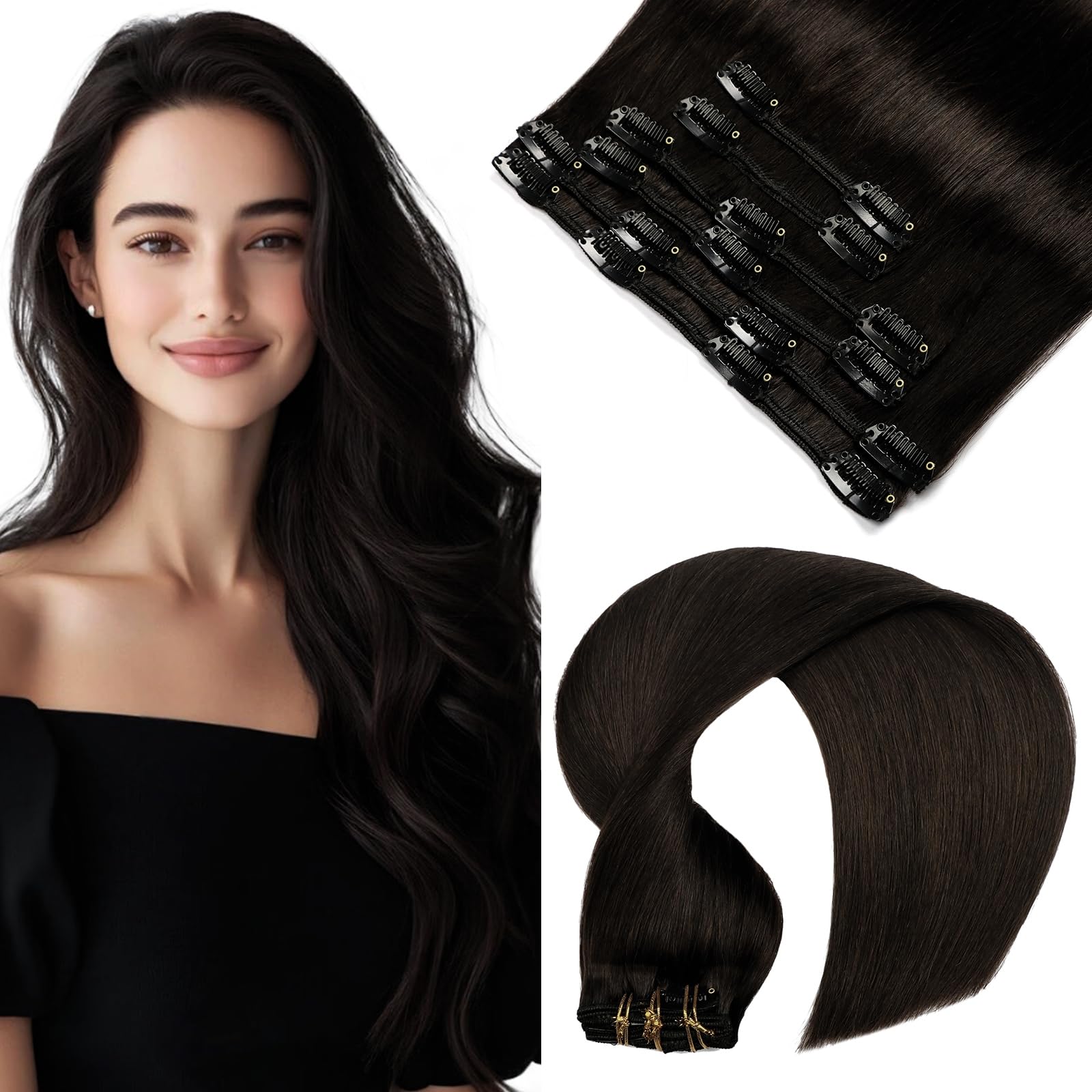 VINBAO Human Hair Clip in Hair Extensions Natural Black Hair Clip in Extensions 20 Inch Hair Extensions Real Human Hair Clip ins 120g 6pcs Straight Hair (#C1B, 20'')