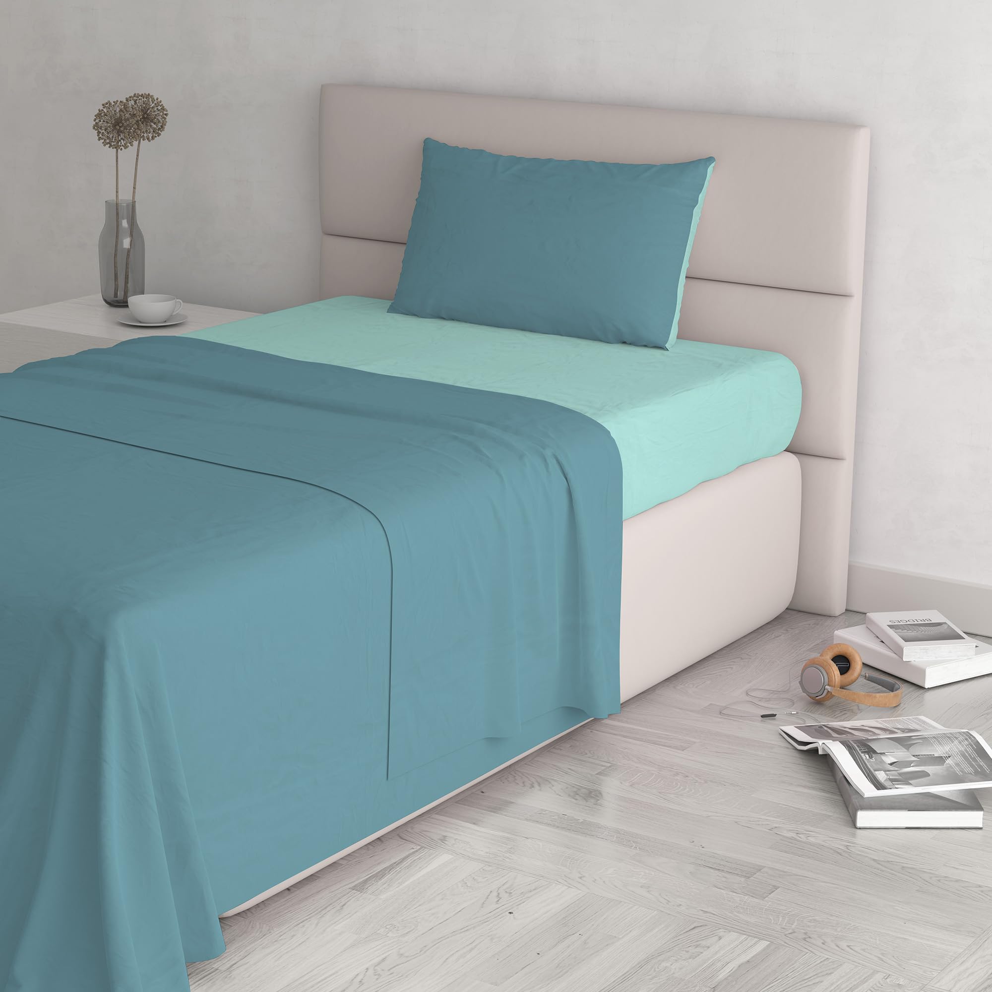 Italian Bed Linen Natural Color Bed Set (Flat 150x300, Fitted Sheet 90x200cm+Pillowcase 52x82cm), Petrol Bottle Green, Ottanio/Water, SINGLE