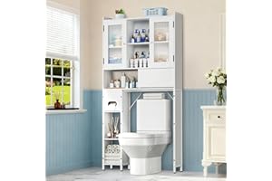 Over The Toilet Storage Cabinet, Over Toilet Bathroom Organizer with Sliding Barn Doors, Adjustable Shelves & Toilet Paper Ho