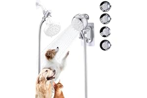 PROOX Dog Shower Attachment, 3 Modes Sprayer, Metal Diverter,6.6FT Stainless Steel Hose,No Drill Hook,for Indoor Pet Fast Bath and Shower,Chrome