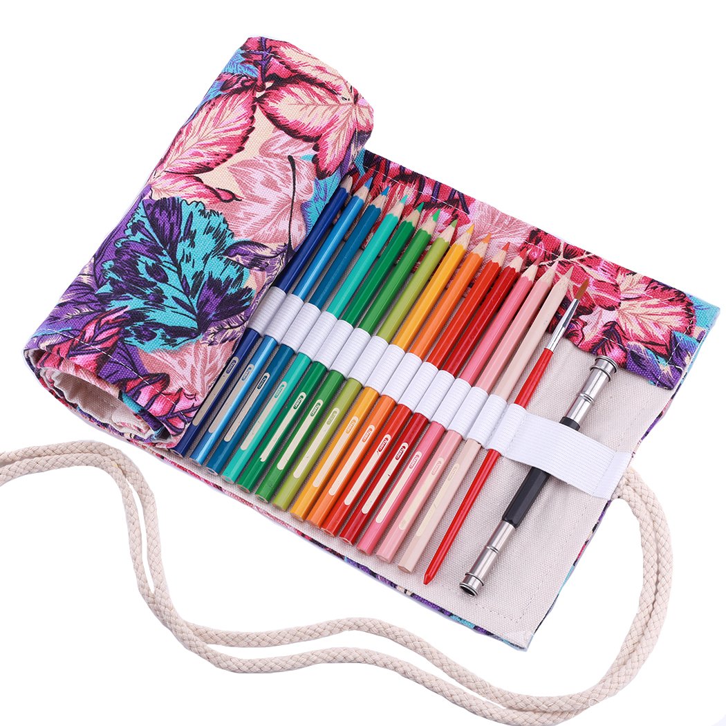 Amoyie Roll Up Pencil Case for 72 Coloured Pencils, Canvas Artist Wrap, Colouring Pens Holder, Maple Leaves