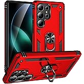 Dionsibei Military Grade Drop Impact for Samsung Galaxy S25 Ultra Case 360 Metal Rotating Ring Kickstand Holder Armor Heavy Duty Shockproof Case for Galaxy S25 Ultra 5G Phone Case (Red)