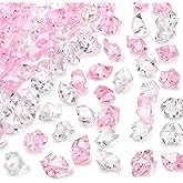 DomeStar Fake Ice, 150PCS Acrylic Fake Diamonds Vase Fillers Pink and Transparent Rocks Plastic Gems for Party Table Scatter Decor